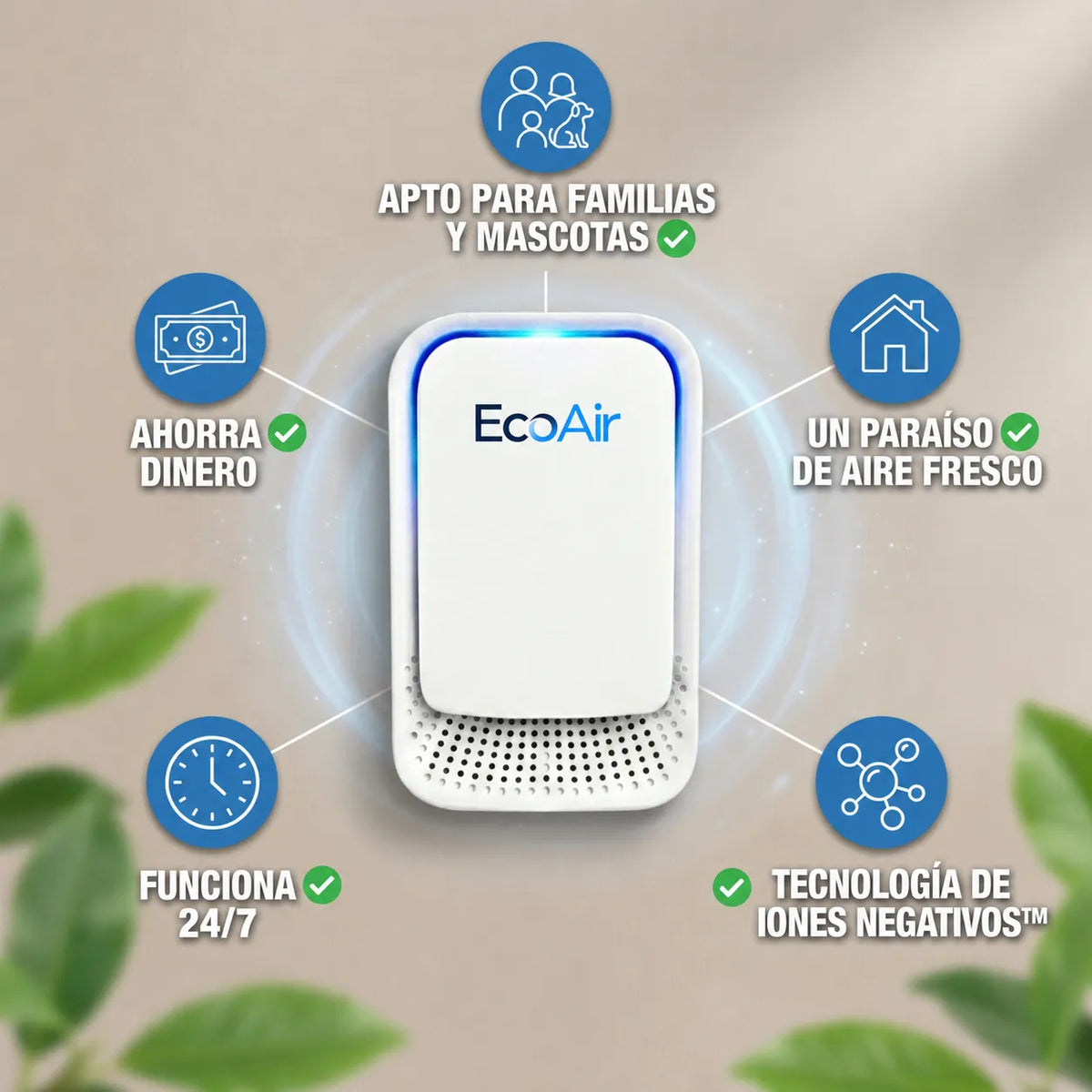 EcoAir™ | Purificador de aire iónico compacto sin filtros